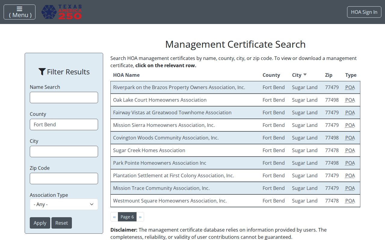 Sugar Land ZIP code directory HOA search fields for city, county, and ZIP