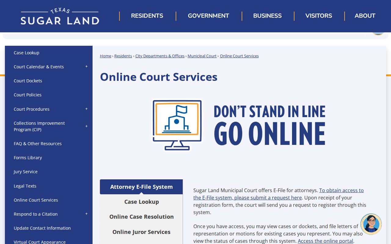 Sugar Land resident lookup limits on the Municipal Court online services page