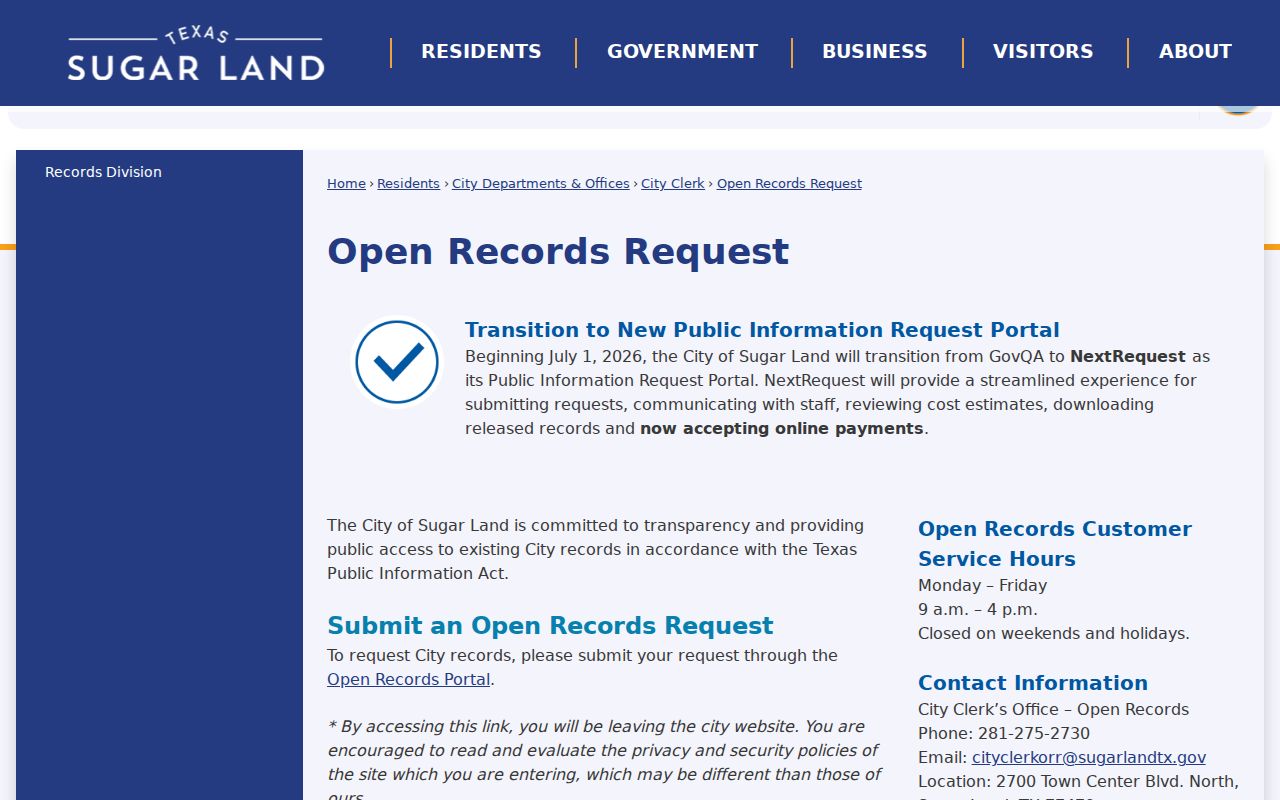 Sugar Land residents directory city open records request route