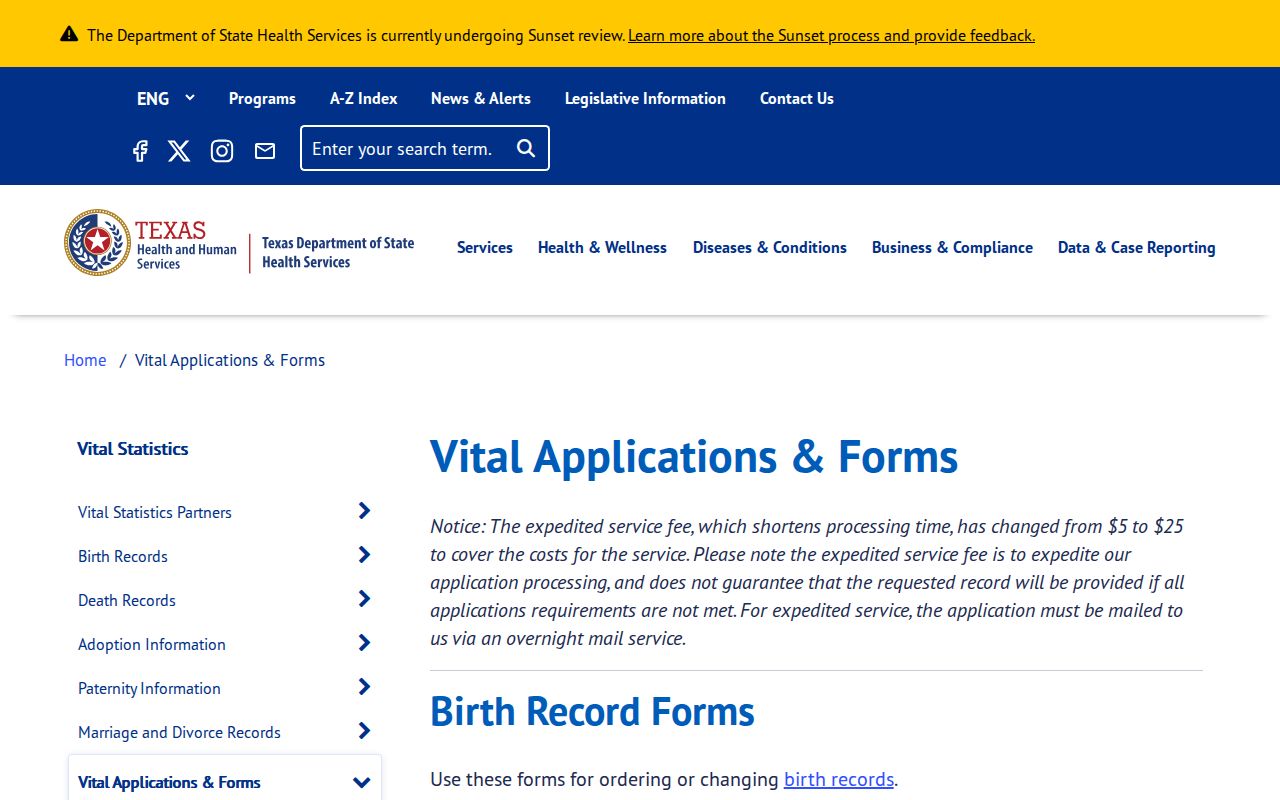 Sugar Land resident lookup through Texas vital record application forms